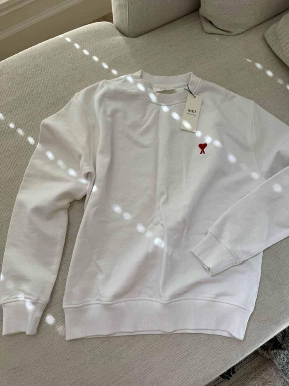AMI White Crewneck Sweatshirt with Red Heart Motif